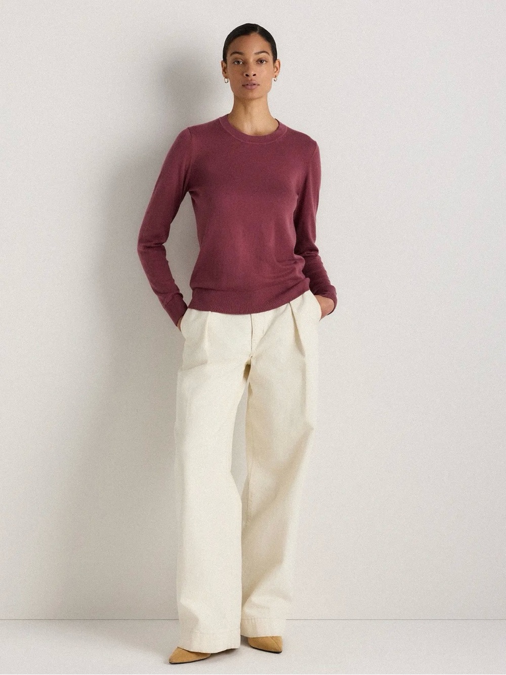 Quince Lightweight Cotton Cashmere Crewneck Long-Sleeve Sweater in Dusty Plum - Picture 2 of 5
